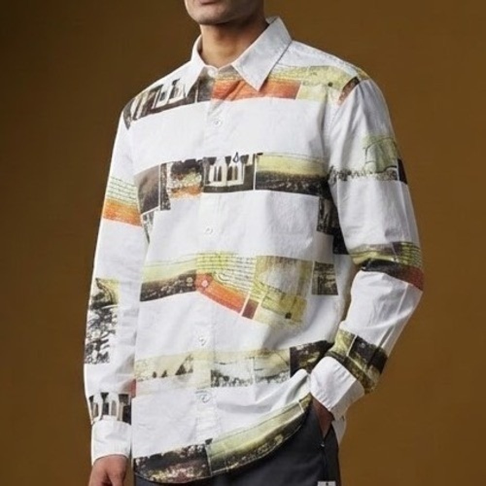 Volcom Button Down Shirt Mens Large White Mark Appleyard Photo Graphic Slim Fit